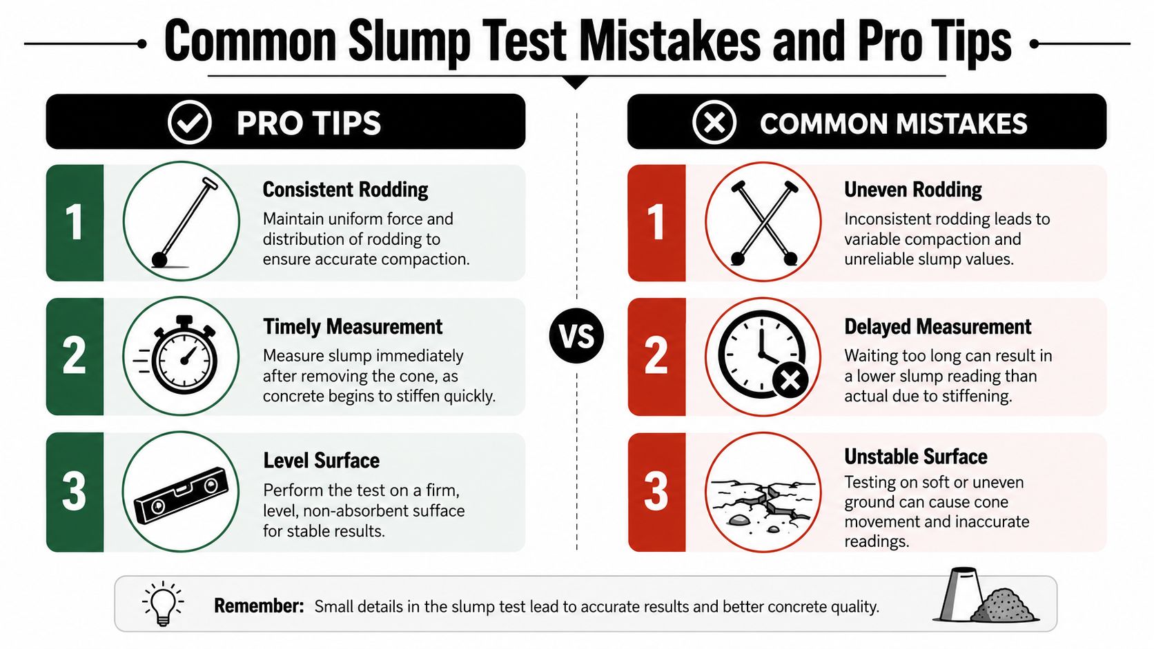 Slump Test Procedures for PA & MD Concrete Foundations 4 An infographic comparing professional tips and common mistakes to avoid when performing a concrete slump test.