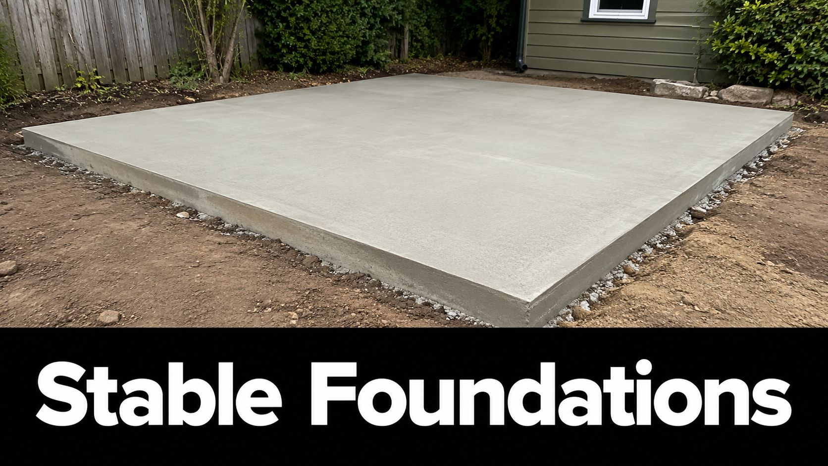 Soil Stabilization Methods: Guide for Foundations 2 A newly poured square concrete slab foundation resting on a gravel base in a backyard setting.