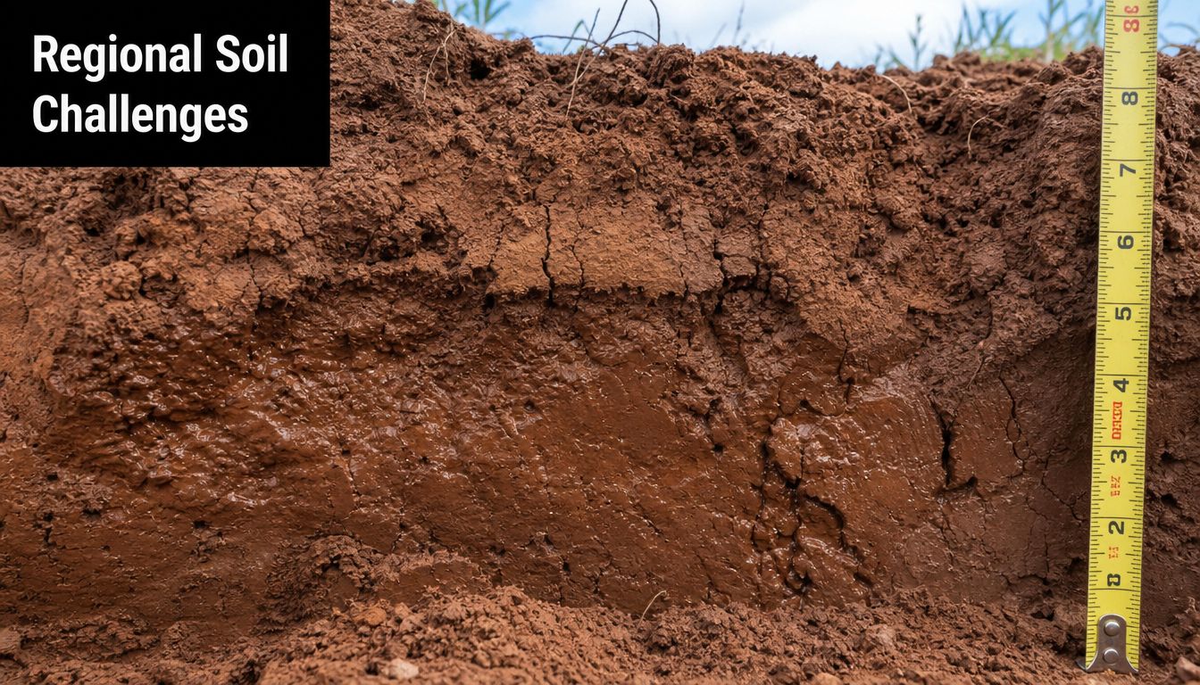 Soil Stabilization Methods: Guide for Foundations 4 A soil profile showing layered earth with a measuring tape positioned next to the deep brown soil.