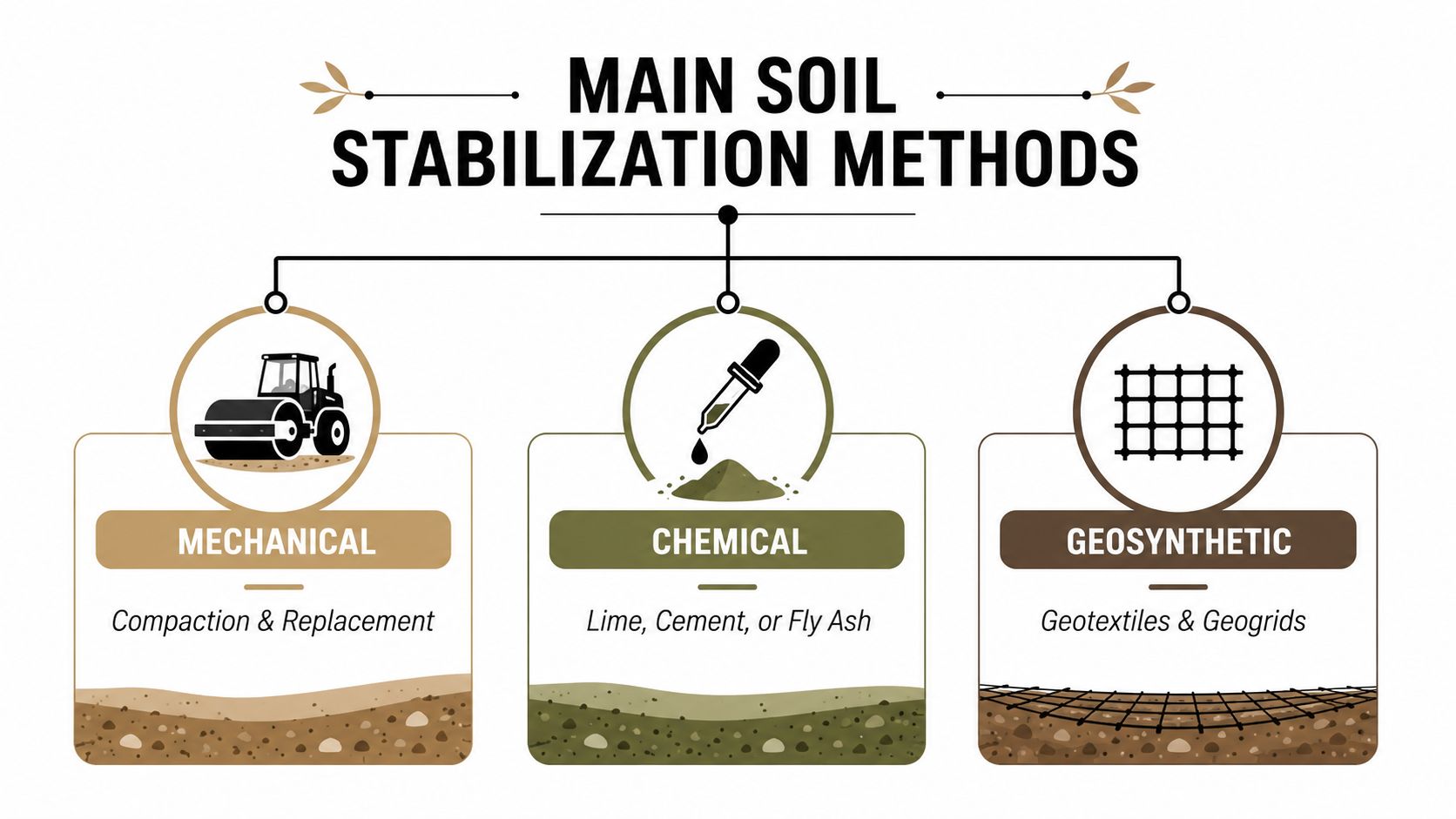 Soil Stabilization Methods: Guide for Foundations 3 An infographic showing the three main soil stabilization methods: mechanical, chemical, and geosynthetic techniques.