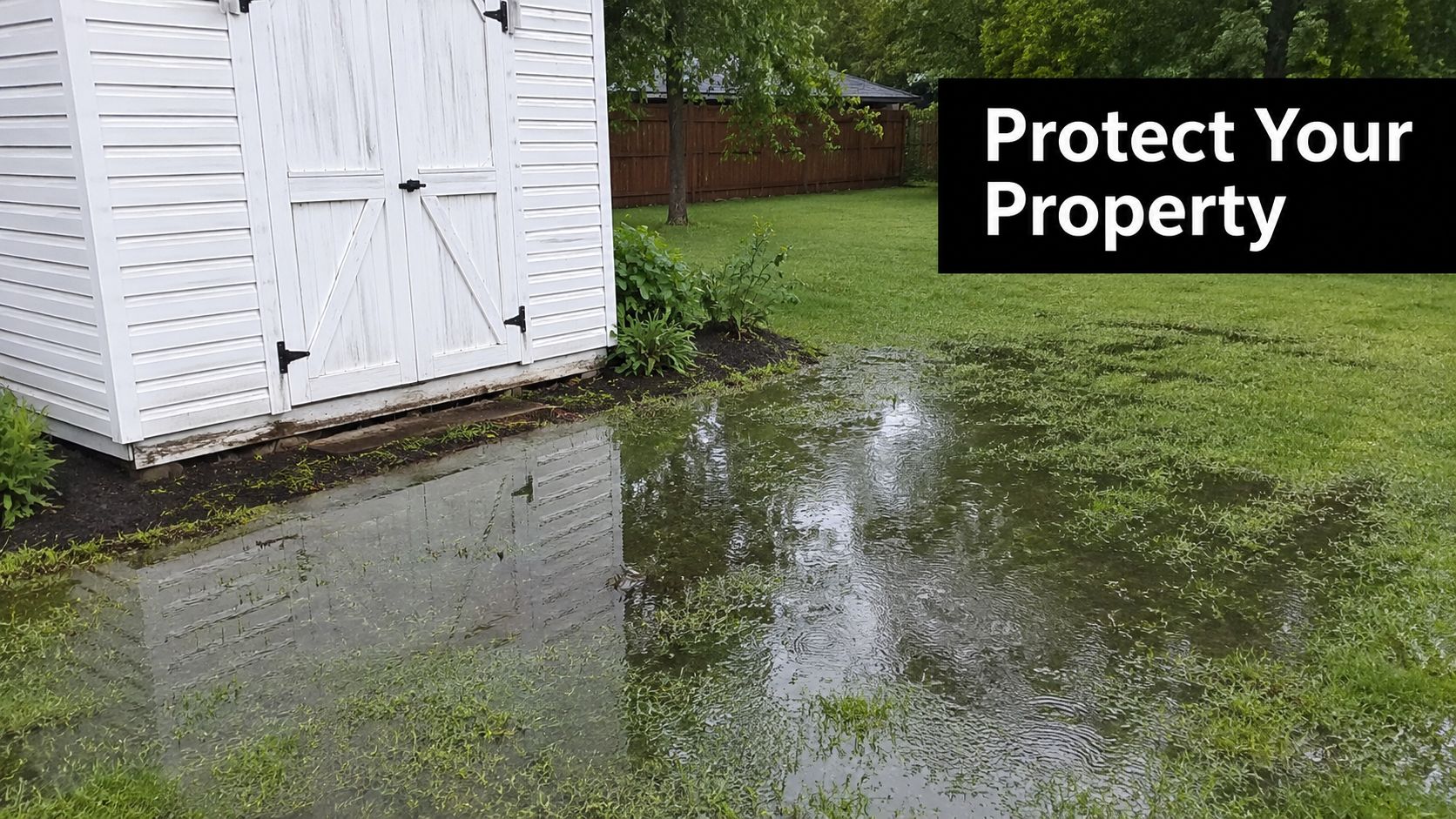 Stormwater Management Guide for PA, MD, DE, and NJ 2 A backyard garden shed surrounded by pooling rainwater after a heavy storm in a residential lawn.