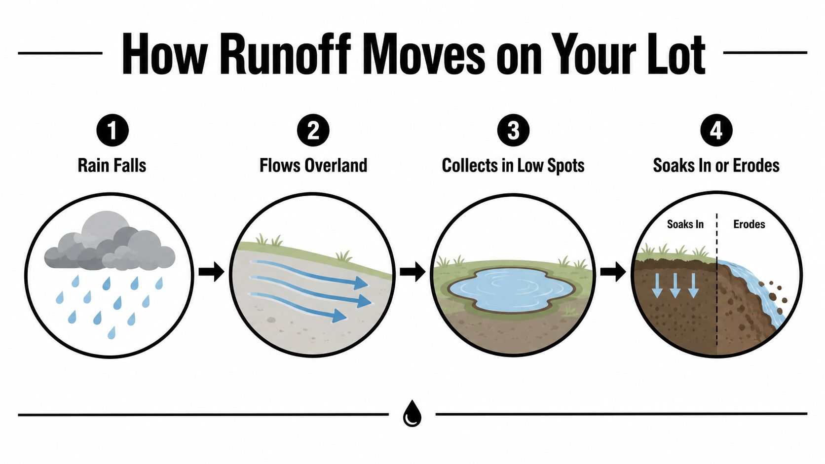 Stormwater Management Guide for PA, MD, DE, and NJ 4 A four-step diagram illustrating the process of how rainwater runoff flows, collects, and either absorbs or causes erosion.