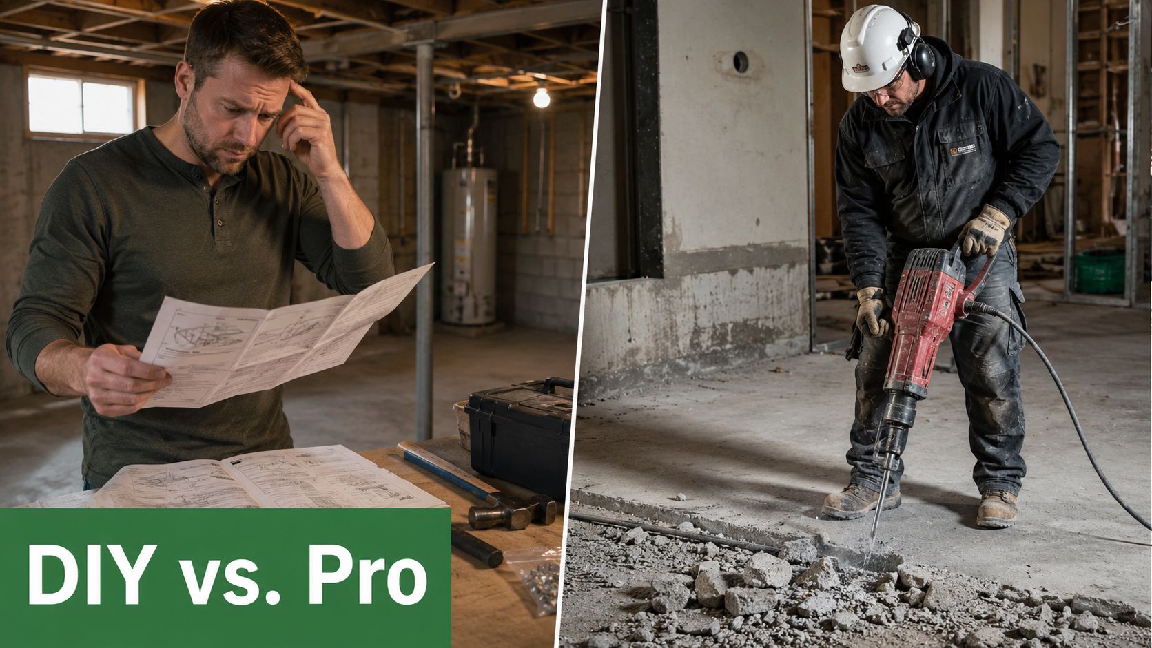 Sump Pump Installation: Your 2026 Home Protection Guide 5 A split-screen comparison showing a homeowner reading instructions versus a professional contractor operating a jackhammer.