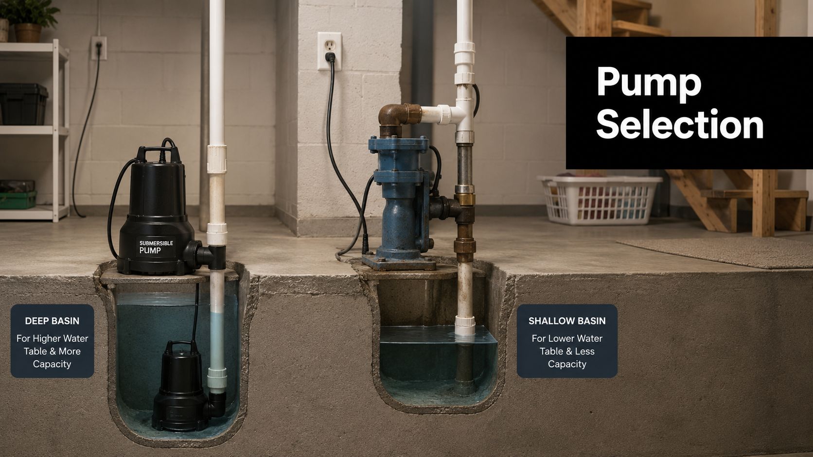 Sump Pump Installation: Your 2026 Home Protection Guide 3 A cutaway view showing a submersible sump pump in a deep basin and a pedestal pump installation.