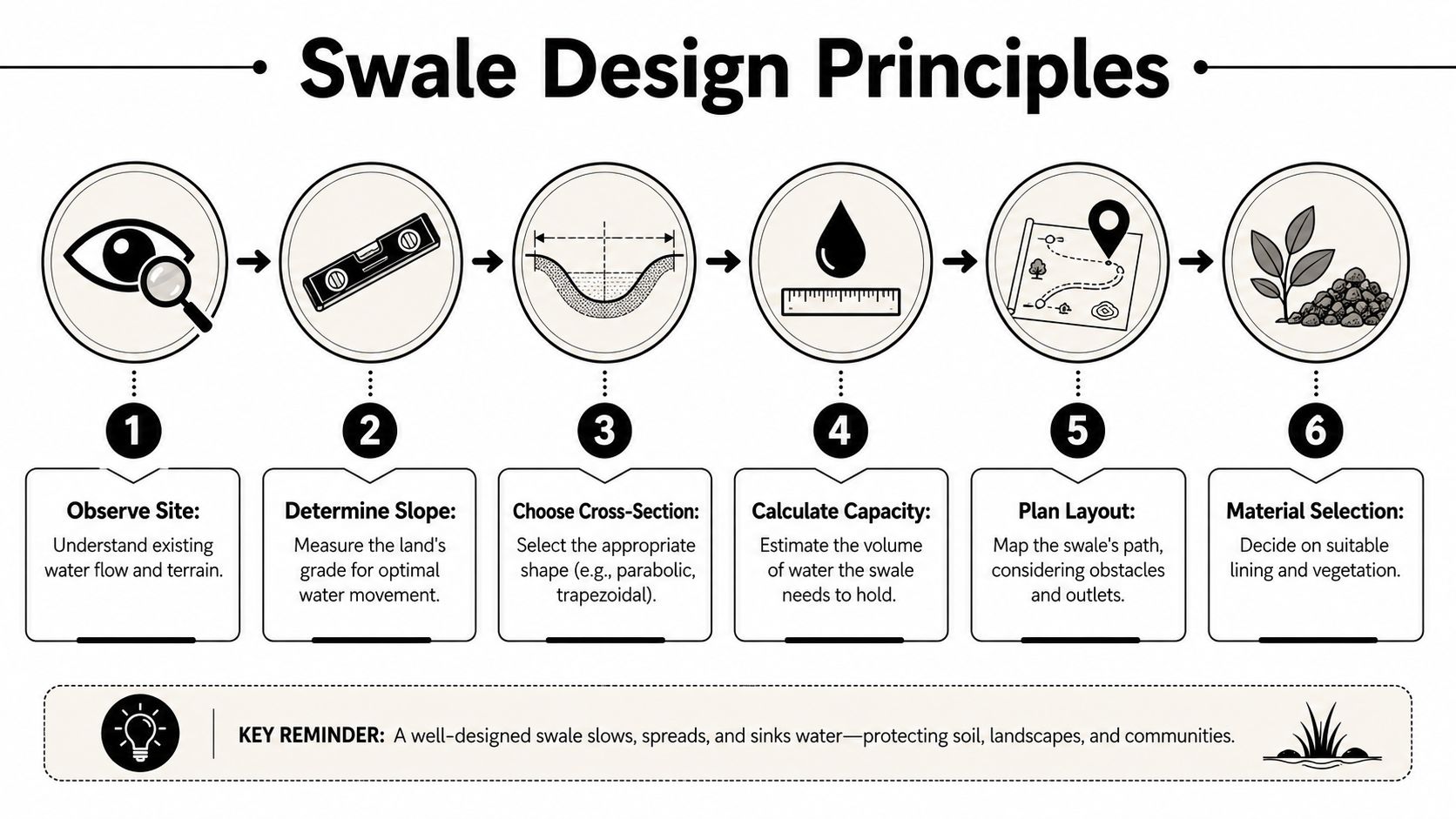 Swale Drainage Design: Protect Your Yard & Foundation 3 An infographic showing six essential steps for planning and designing an effective landscape water swale system.