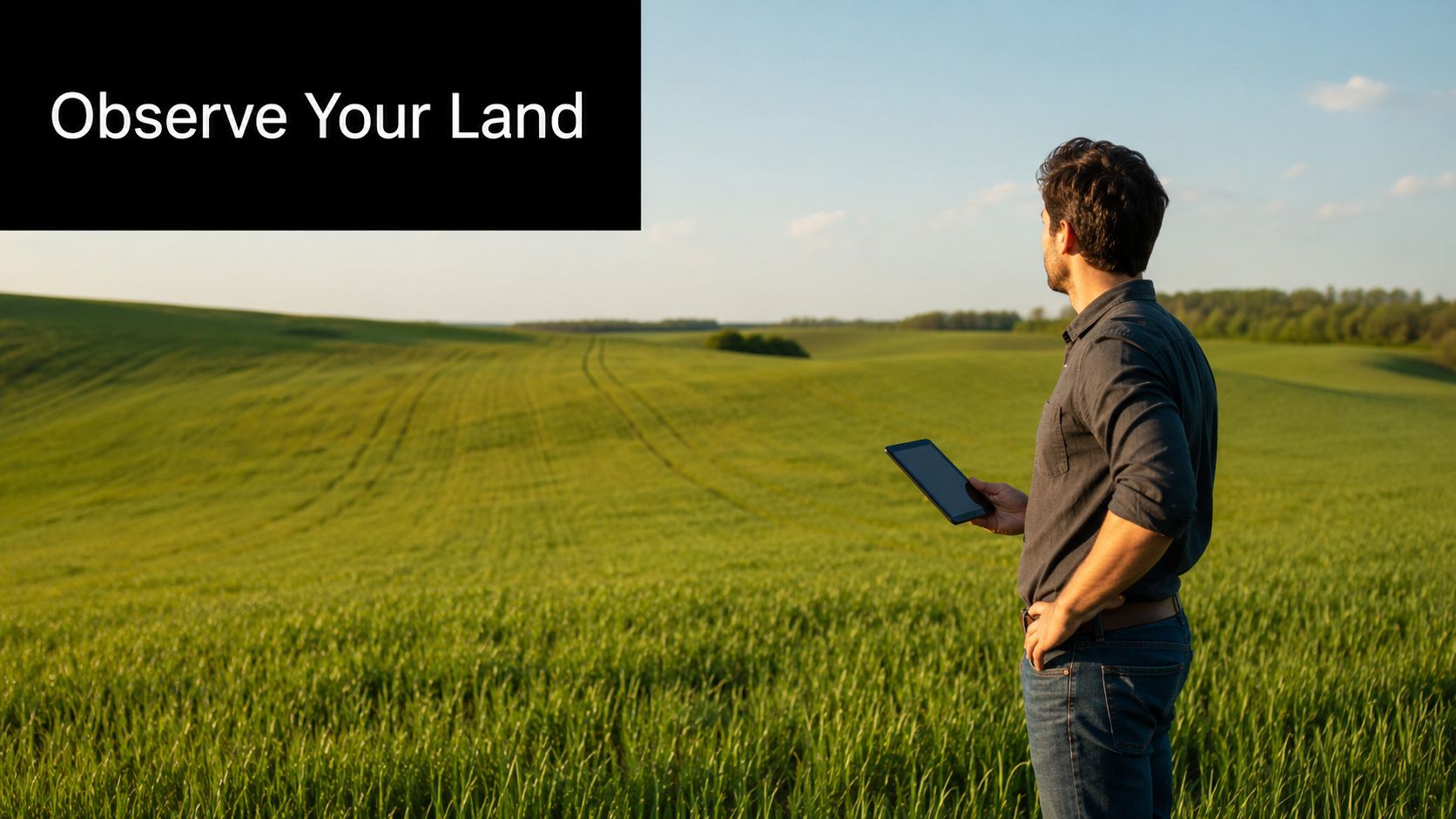 Swale Drainage Design: Protect Your Yard & Foundation 2 A farmer standing in a vast green field looking at the land while holding a digital tablet.