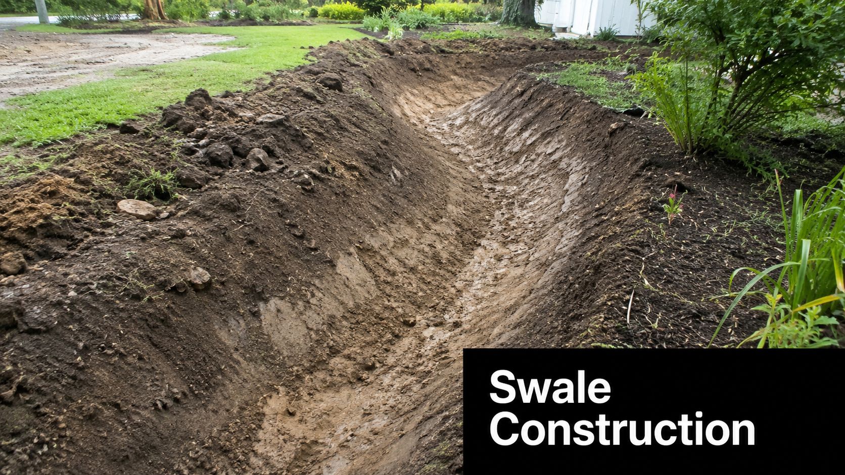 Swale Drainage Design: Protect Your Yard & Foundation 4 A newly excavated drainage swale ditch carved into a grassy residential lawn for improved water runoff management.