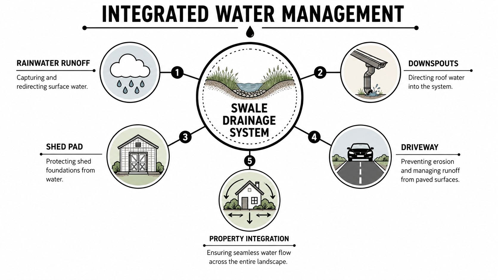 Swale Drainage Design: Protect Your Yard & Foundation 5 A diagram illustrating the components of an integrated water management system using a swale drainage design.
