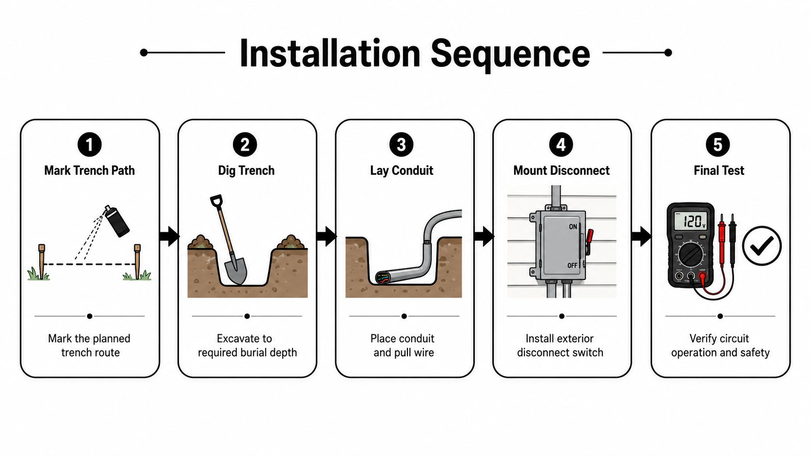 Basic Wiring Diagram for Shed: Safe Code Guide 2026 4 A five-step infographic showing the sequence for installing outdoor electrical wiring for a shed project.