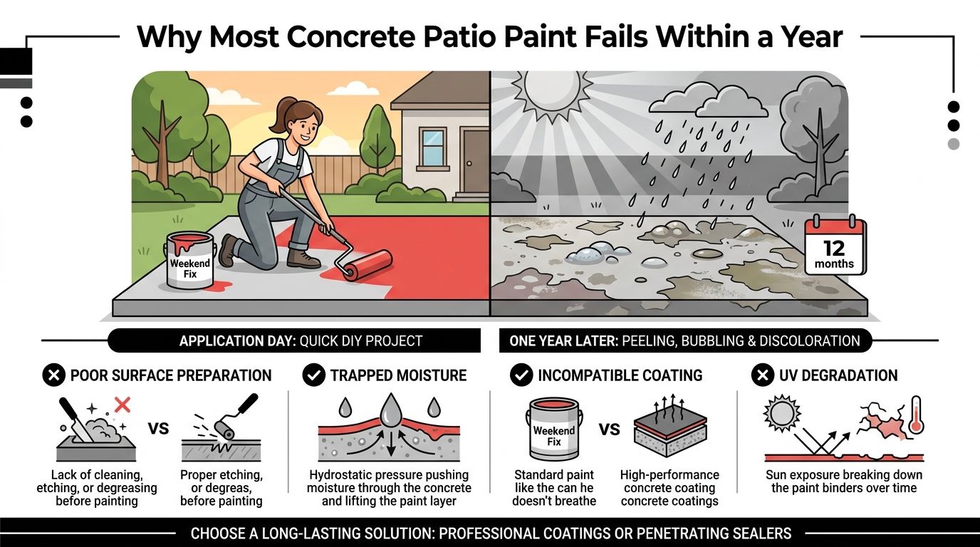 Best Concrete Patio Paint for PA, MD, DE and NJ Homes 2 An infographic illustrating why concrete patio paint fails, highlighting issues like poor prep and moisture trapped under paint.
