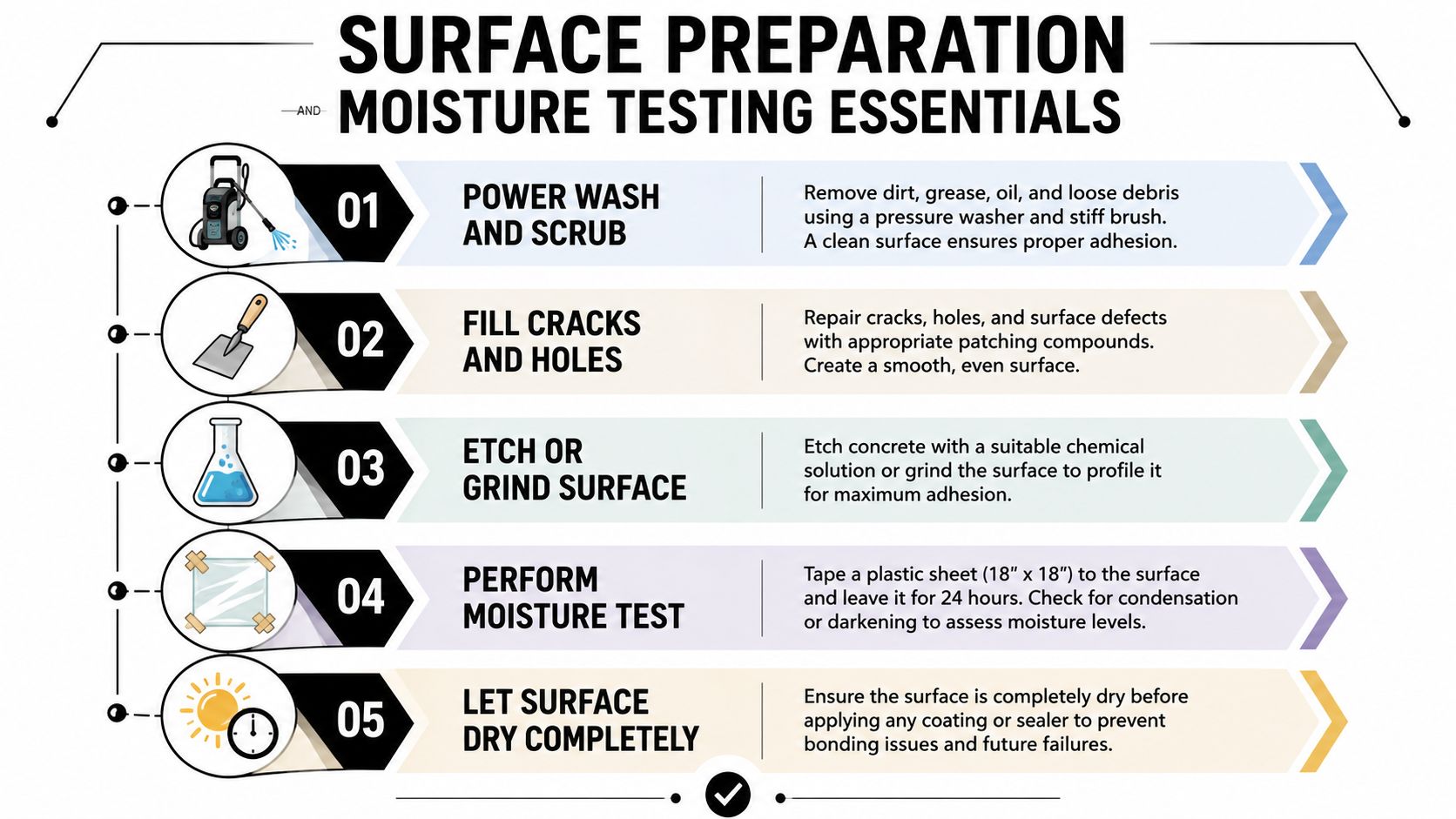 Best Concrete Patio Paint for PA, MD, DE and NJ Homes 4 A five-step infographic illustrating essential surface preparation and moisture testing methods for professional concrete projects.