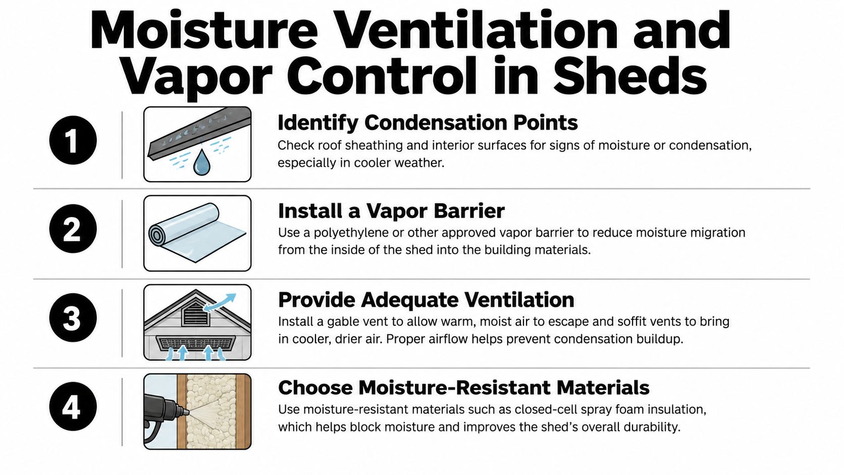Best Insulation for Sheds a Practical 2026 Guide 3 An infographic showing four steps for managing moisture, ventilation, and vapor control in storage sheds.
