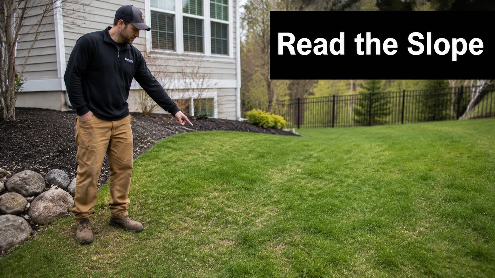 Concrete Pad Drainage: A Practical Homeowner's Guide 3 A landscape professional pointing toward a slope on a residential lawn, indicating potential yard drainage concerns.