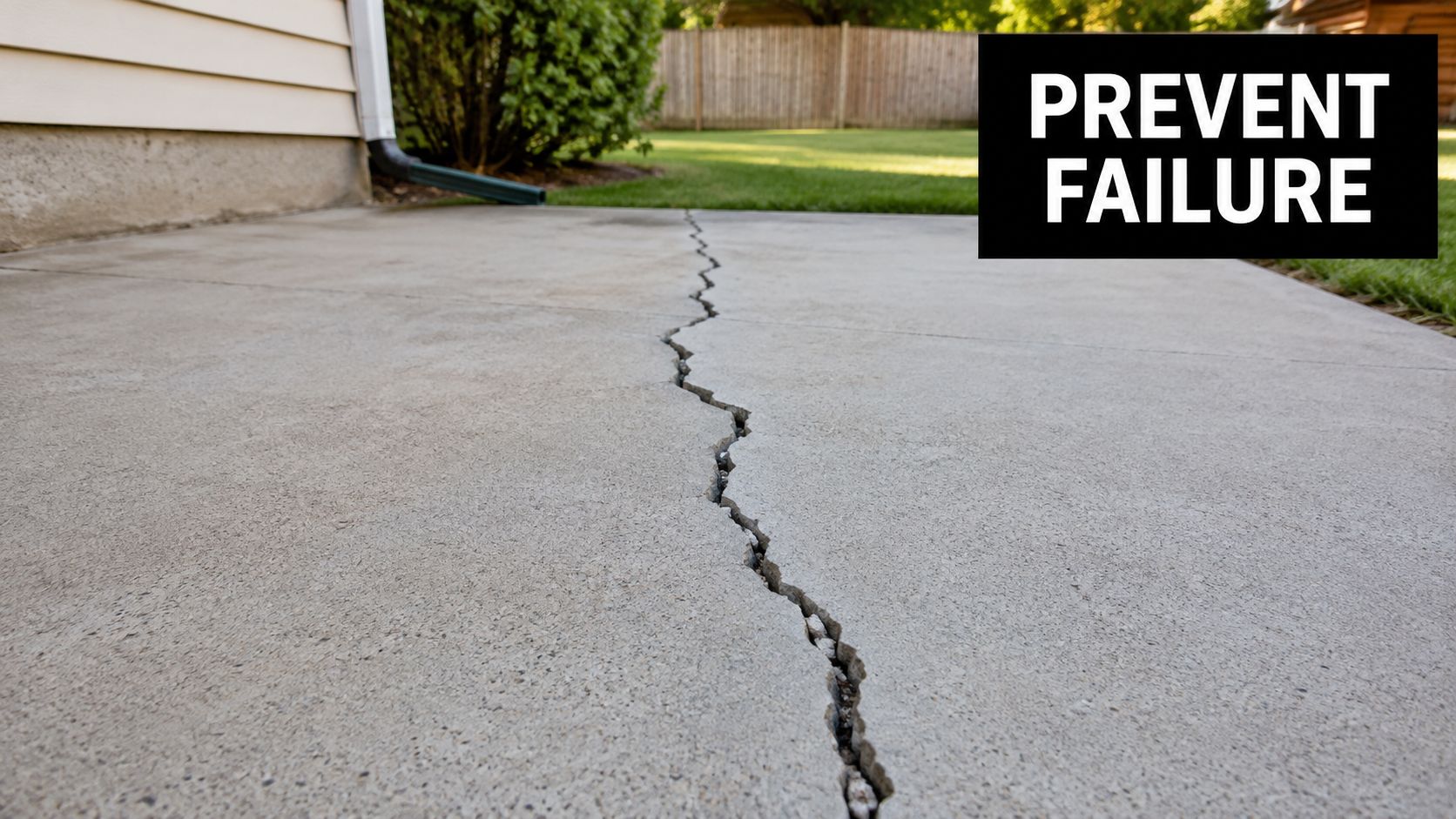 Concrete Pad Reinforcement: A Practical Guide for Homeowners 2 A large crack runs through a concrete patio surface near a house with a downspout drain pipe.