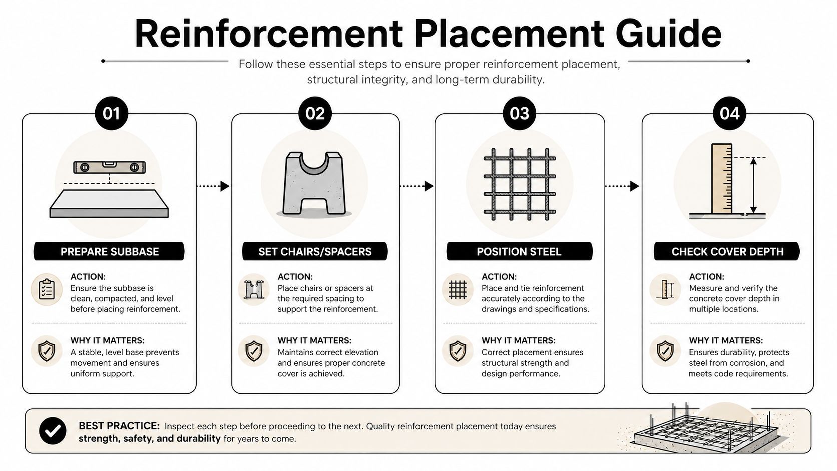 Concrete Pad Reinforcement: A Practical Guide for Homeowners 4 A four-step infographic showing the essential guide for proper concrete pad reinforcement installation and structural preparation.