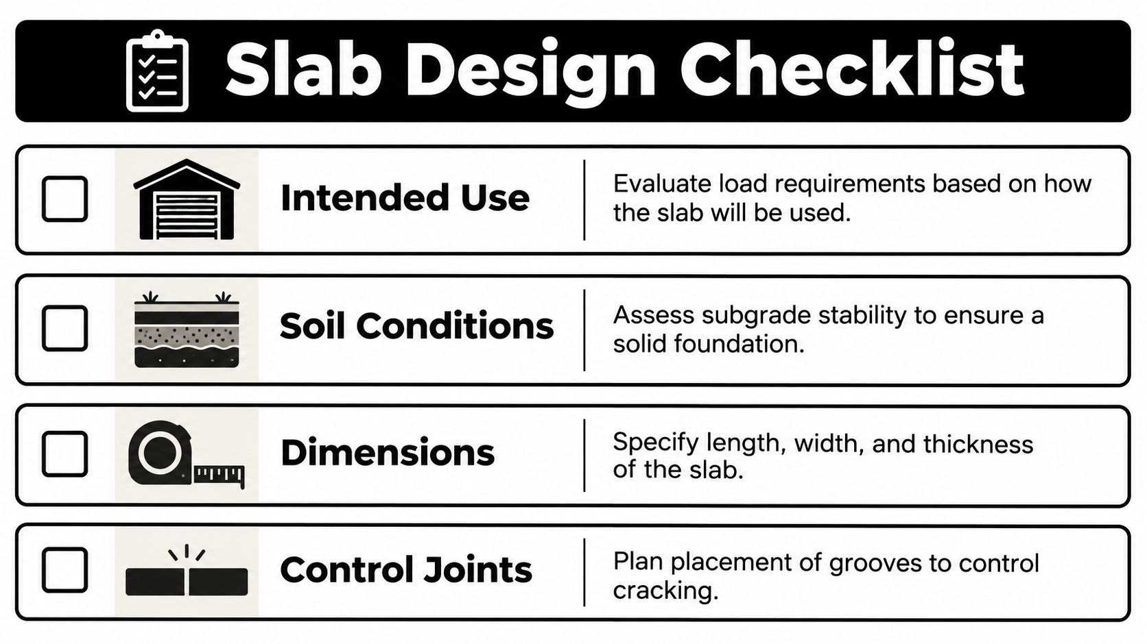 Concrete Pad Reinforcement: A Practical Guide for Homeowners 3 A checklist graphic for planning a concrete slab project, covering intended use, soil, dimensions, and joints.
