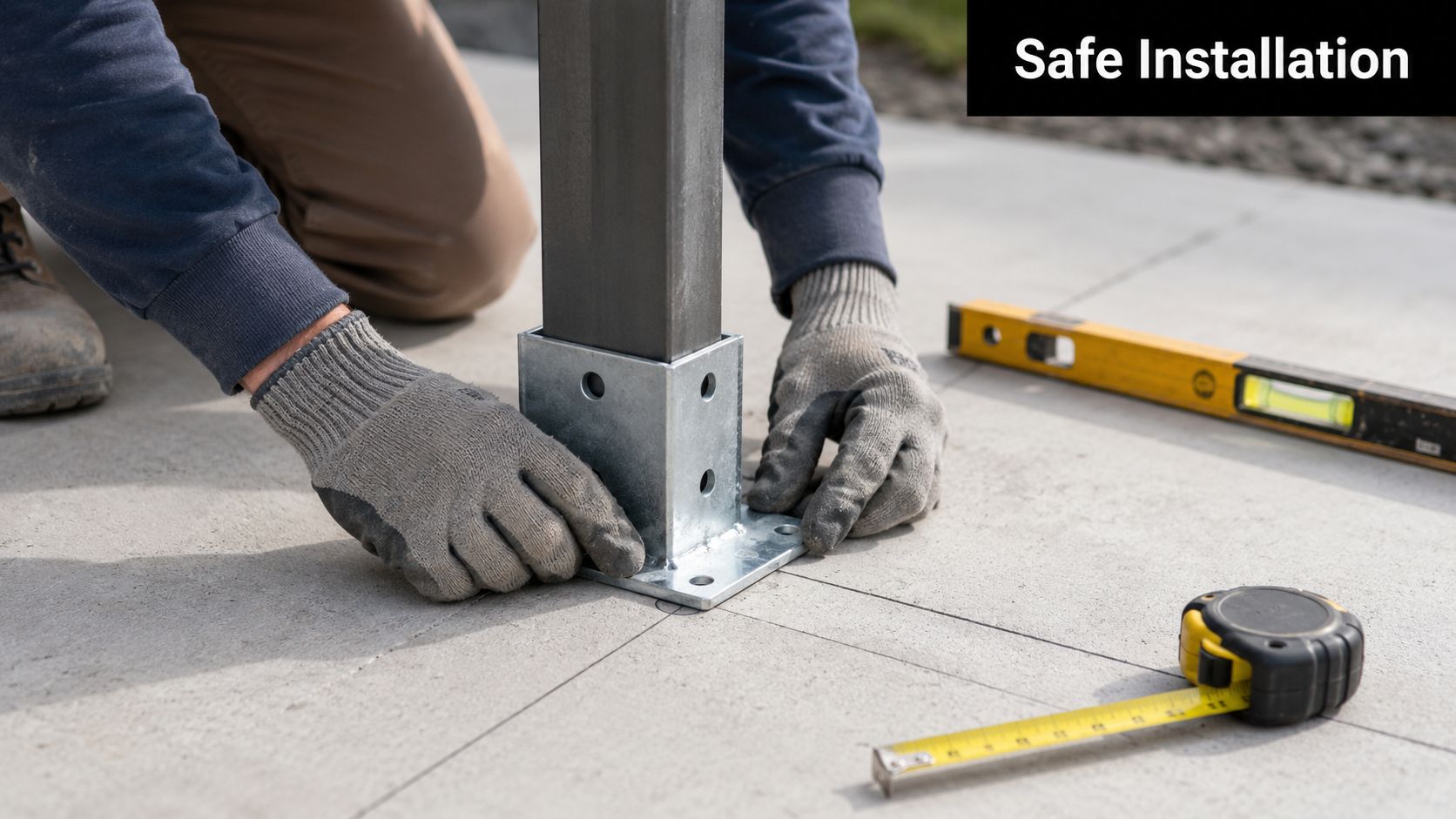 How to Install a Concrete Patio Railing 4 A worker installing a metal post base onto a concrete patio for a professional railing installation project.