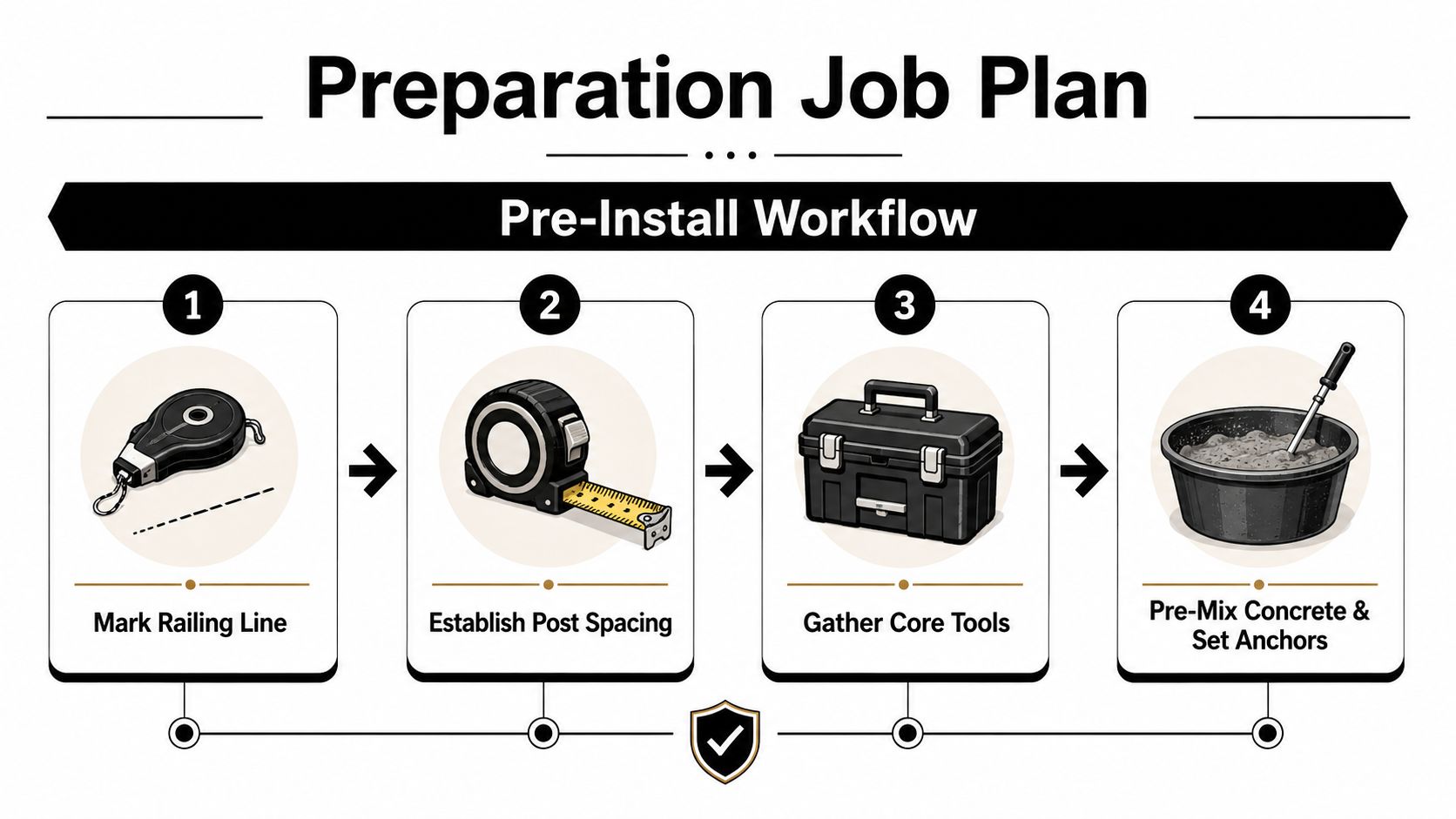 How to Install a Concrete Patio Railing 3 A four-step Preparation Job Plan infographic illustrating the pre-installation workflow for concrete patio railing projects.