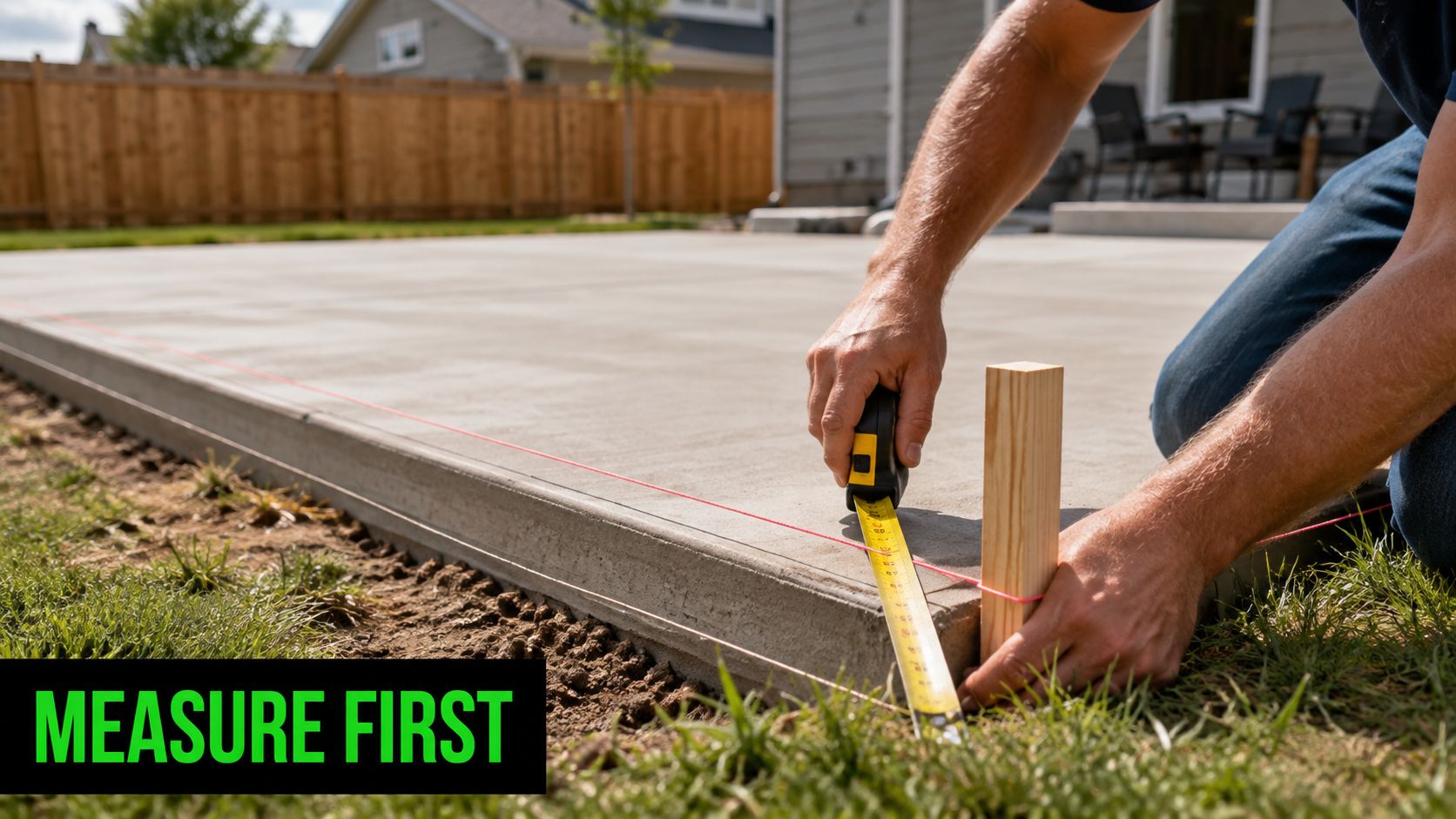 Concrete Slab Calculator Guide for Homeowners in 2026 2 A person kneeling on a construction site using a tape measure to check a concrete slab.