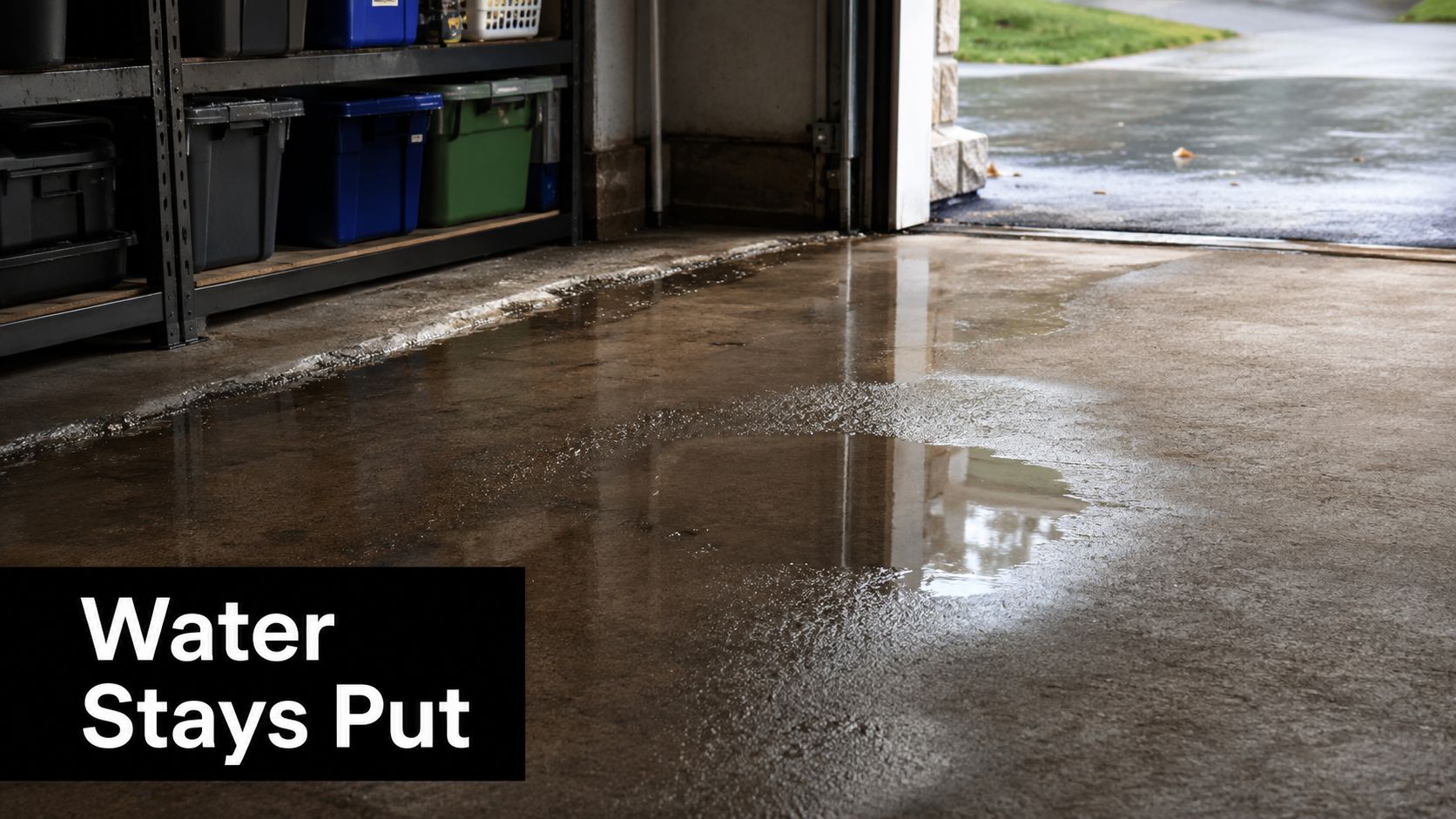 Concrete Slab Drain Guide for Shed Pads and Patios 2 A puddle of water sitting on a concrete garage floor near the open door entrance.