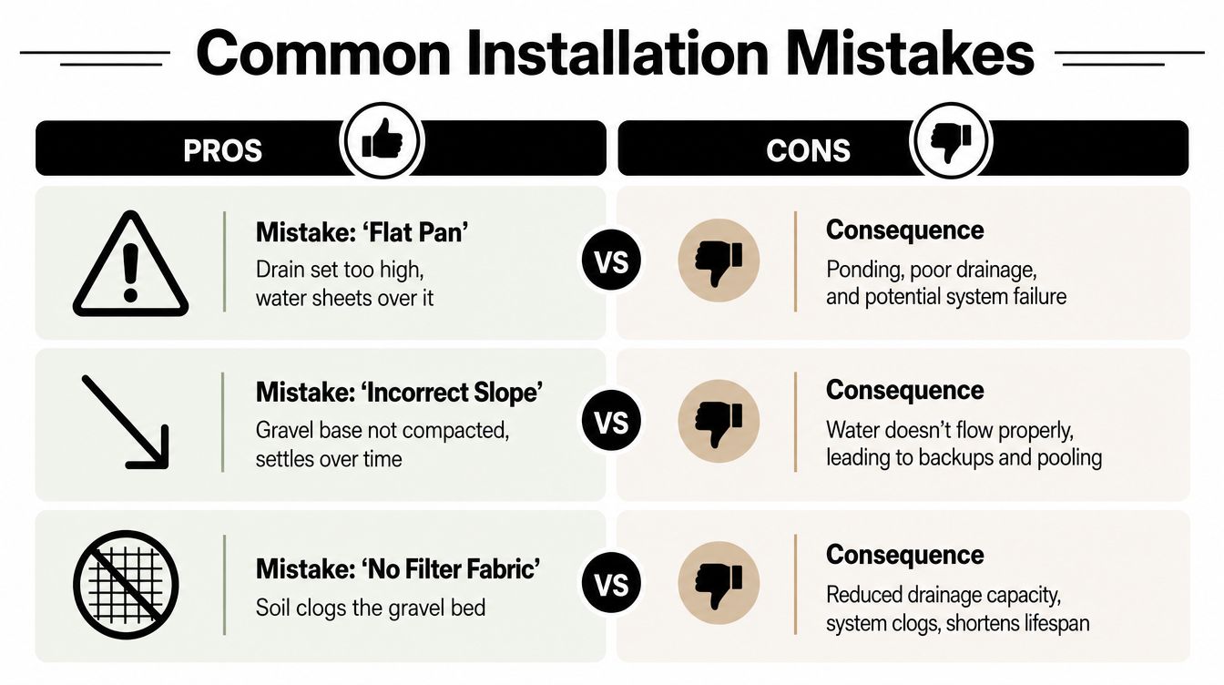 Concrete Slab Drain Guide for Shed Pads and Patios 4 A table outlining common installation mistakes for drainage systems, including flat pans, incorrect slopes, and missing filter fabric.