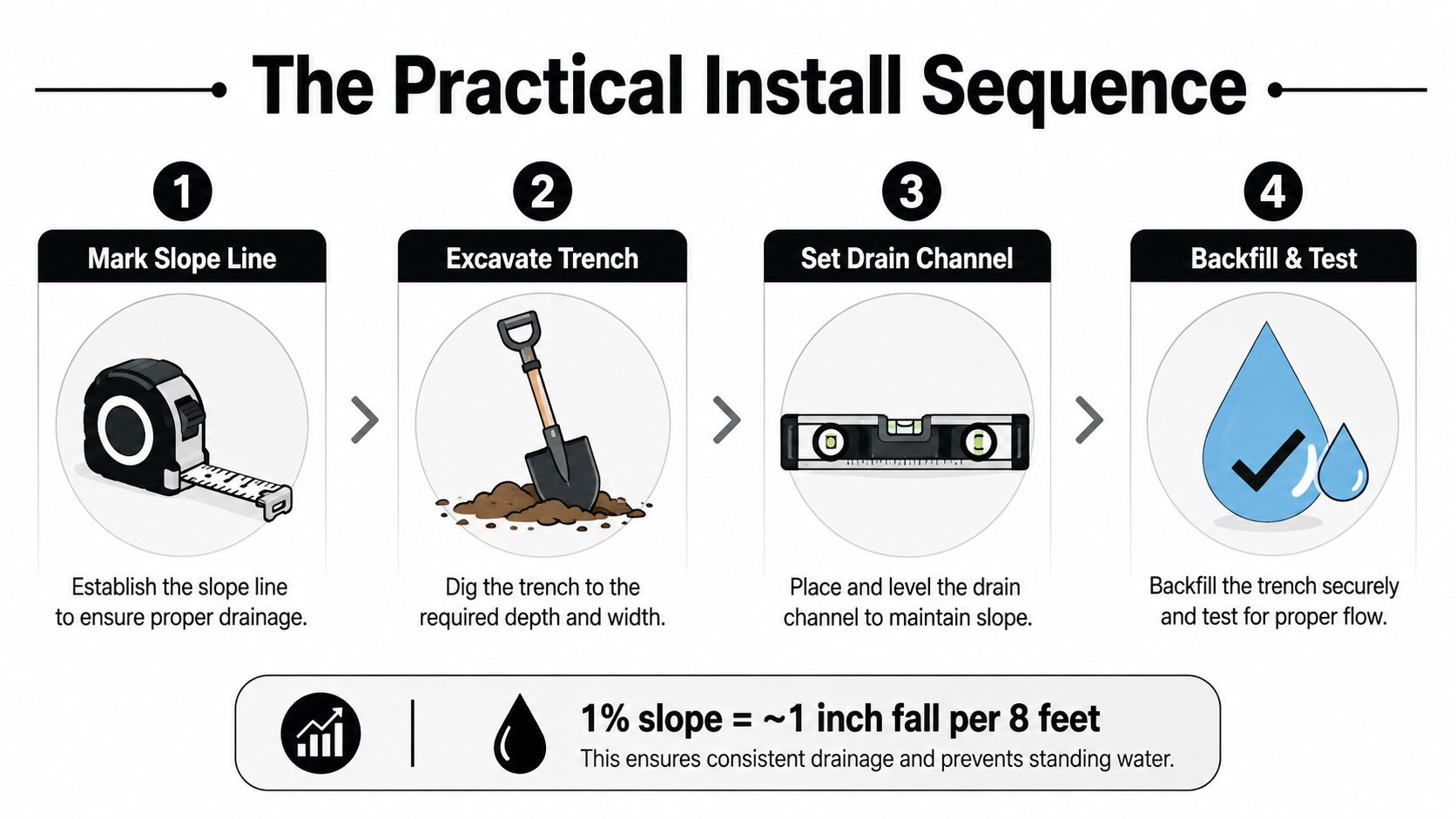 Concrete Slab Drain Guide for Shed Pads and Patios 3 An infographic showing a four-step sequence for installing a trench drainage system for concrete slabs.