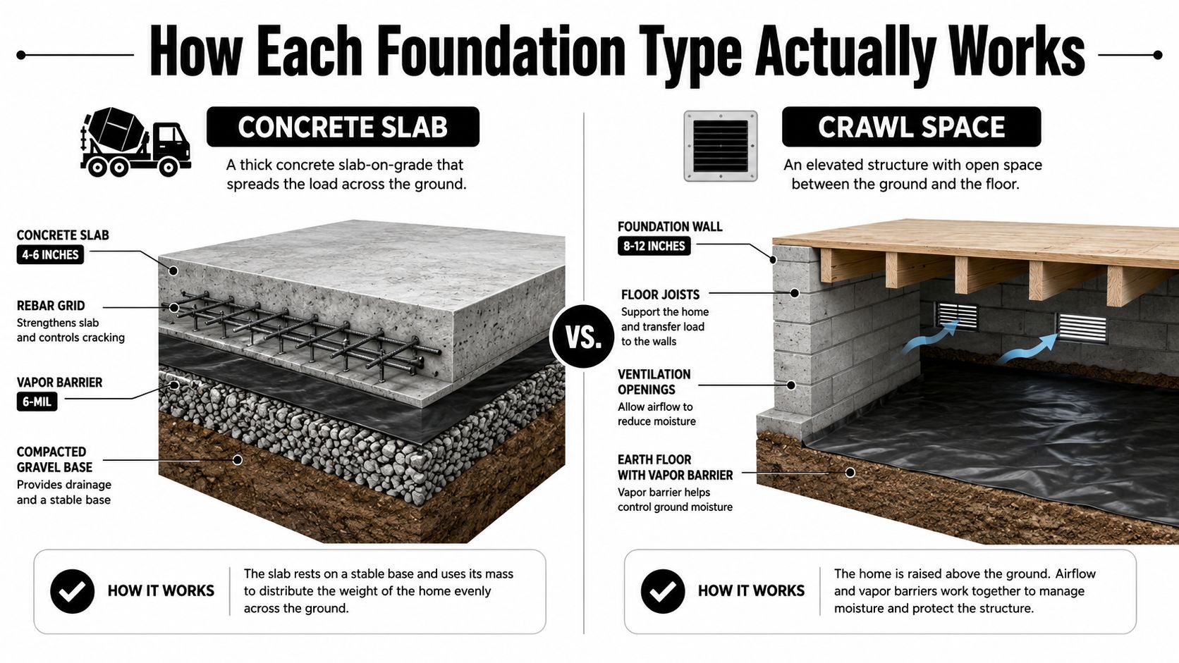 Concrete Slab Foundation vs Crawl Space in PA, MD, DE, NJ 2 A diagram comparing construction features of a concrete slab foundation and a crawl space foundation design.