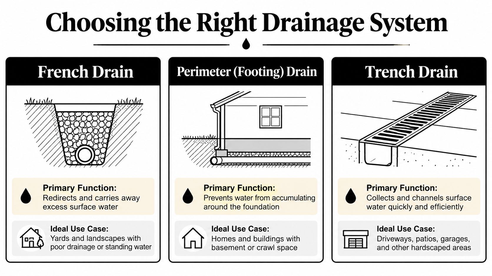 Drainage Pipe Installation Guide for PA, MD, DE and NJ Homes 3 An infographic comparing three types of drainage systems: French drain, perimeter drain, and trench drain with functions.