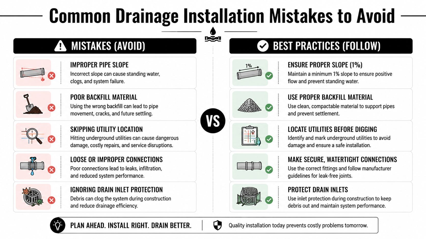 Drainage Pipe Installation Guide for PA, MD, DE and NJ Homes 5 A comparison chart showing common drainage installation mistakes versus best practices for plumbing and landscaping projects.