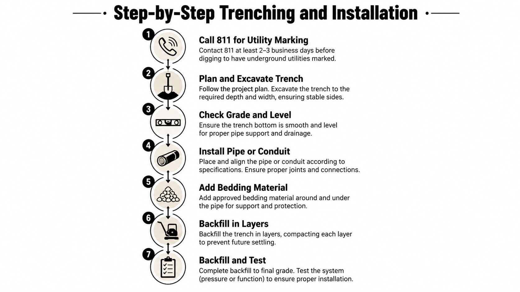 Drainage Pipe Installation Guide for PA, MD, DE and NJ Homes 4 An illustrated guide detailing the seven-step process for professional trenching and underground utility pipe installation.