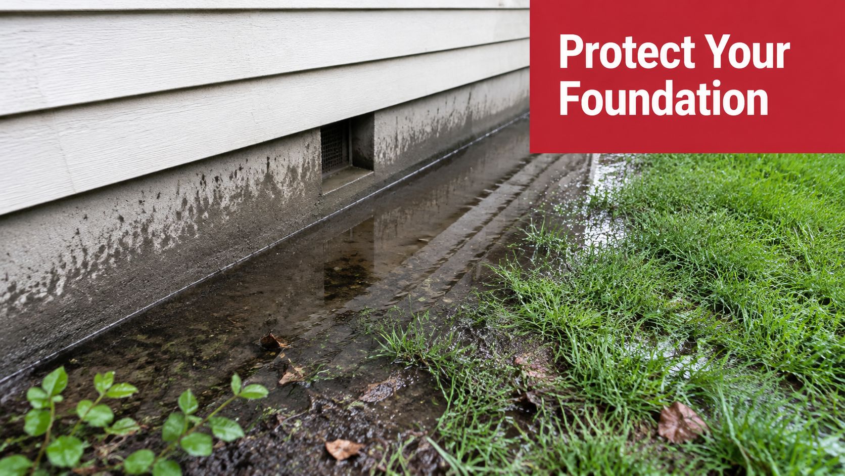 Drainage Pipe Installation Guide for PA, MD, DE and NJ Homes 2 Stagnant water pooling against a house foundation, highlighting the need for proper drainage to prevent water damage.