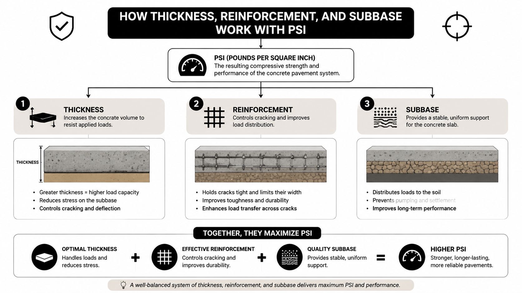 Driveway Concrete PSI: Choosing the Right Strength 3 A diagram explaining how concrete pavement thickness, reinforcement, and subbase quality determine overall compressive strength and durability.