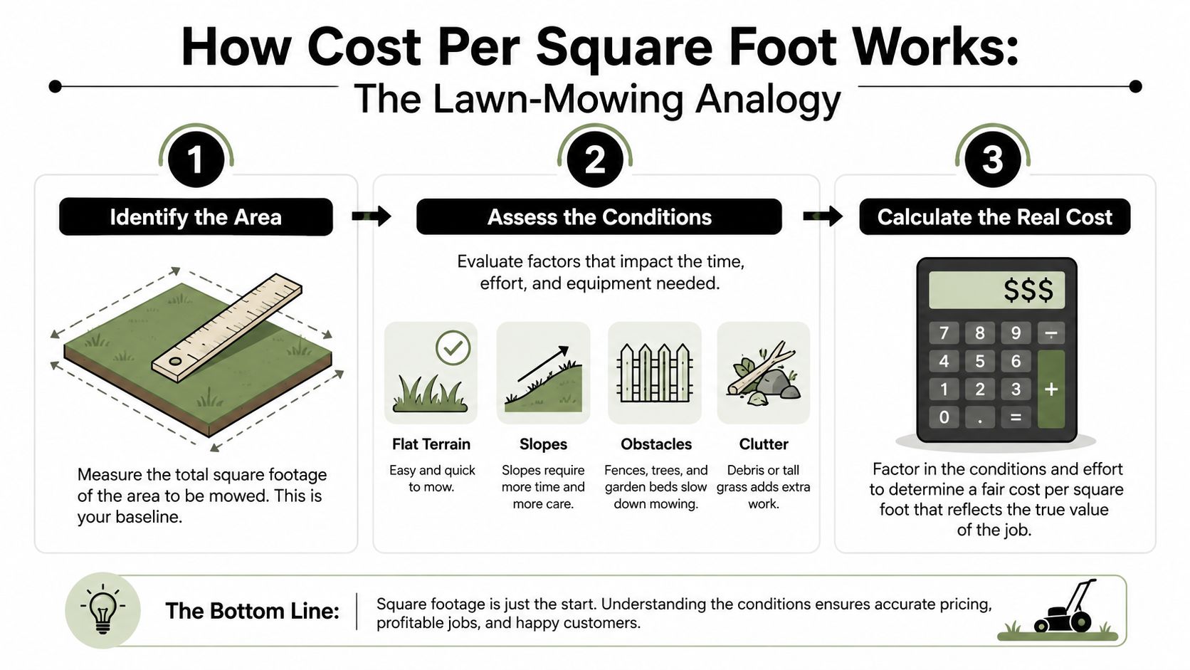 Driveway Cost Per Square Foot: A Homeowner's Guide 2 A diagram explaining how to calculate lawn mowing costs based on square footage and terrain conditions.