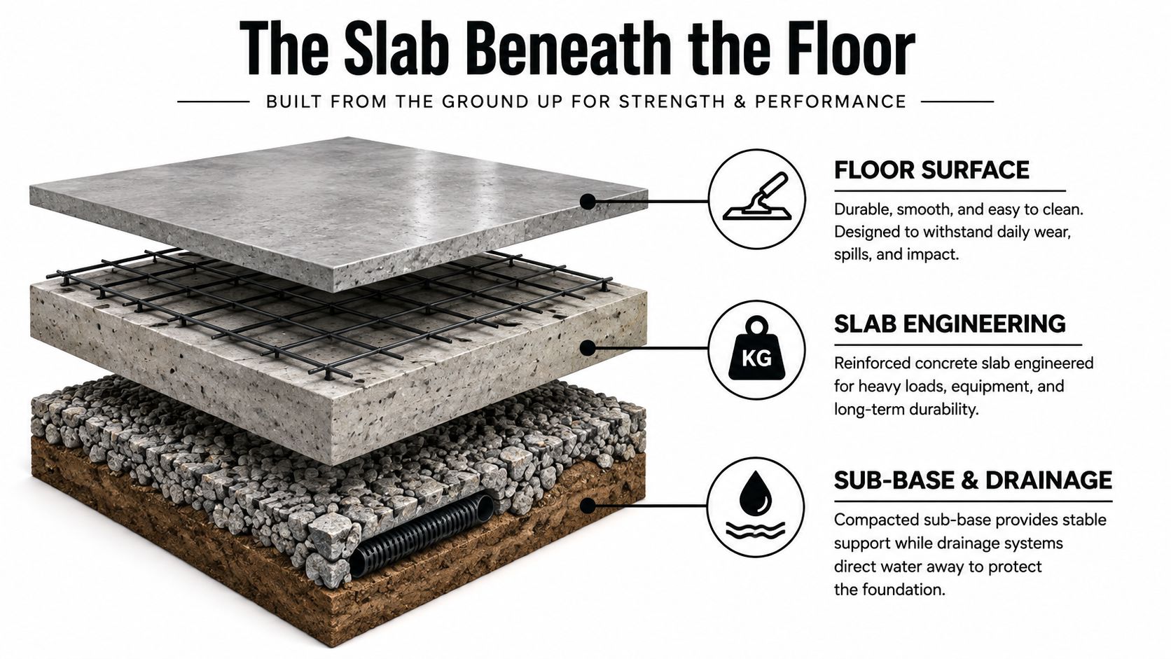 Flooring for Workshop Slabs and Shed Pads That Last 2 A 3D diagram showing the layered cross-section of a concrete floor slab, sub-base, and drainage system.