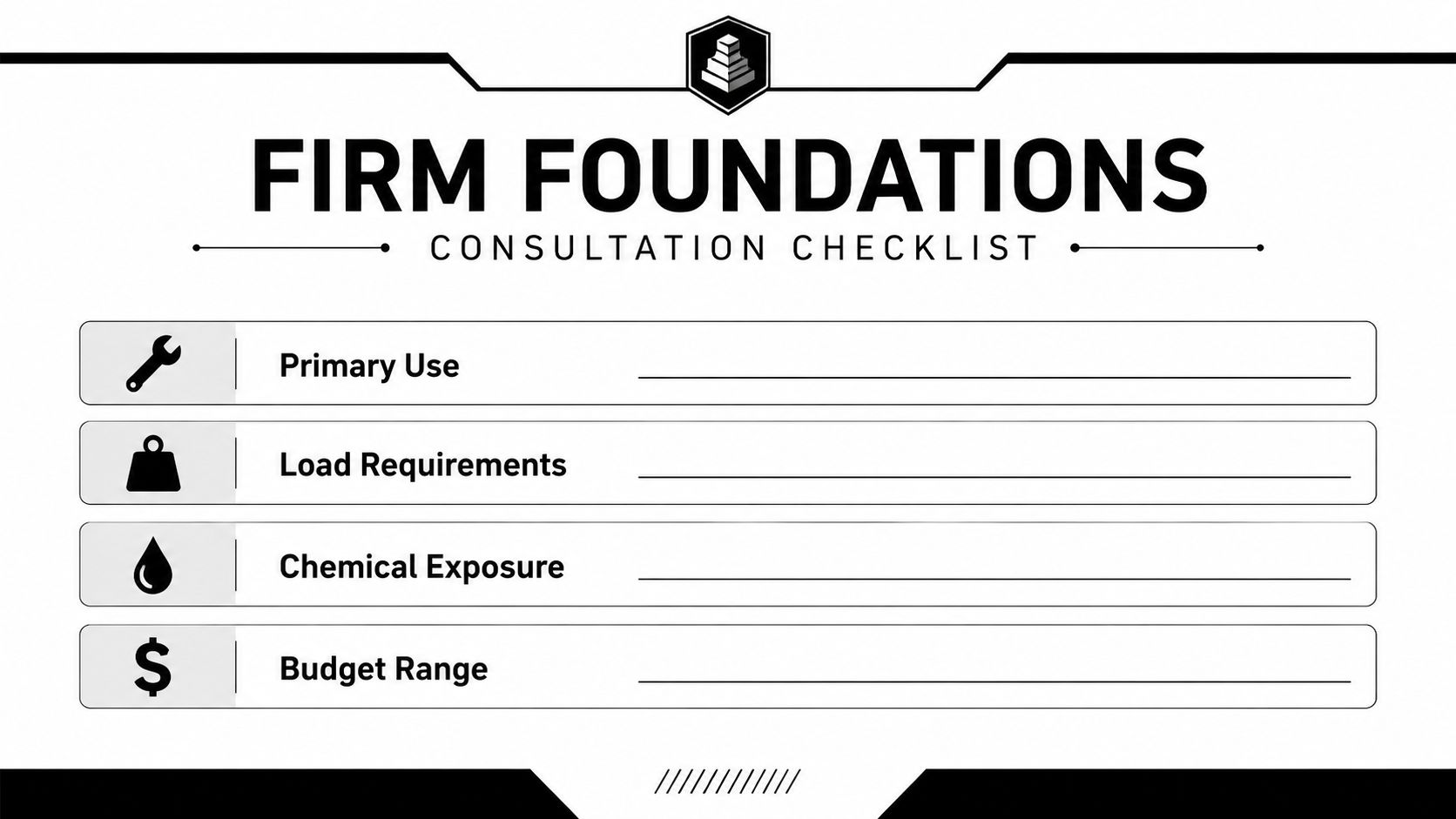 Flooring for Workshop Slabs and Shed Pads That Last 5 A professional consultation checklist for flooring projects, featuring icons for primary use, load requirements, chemicals, and budget.