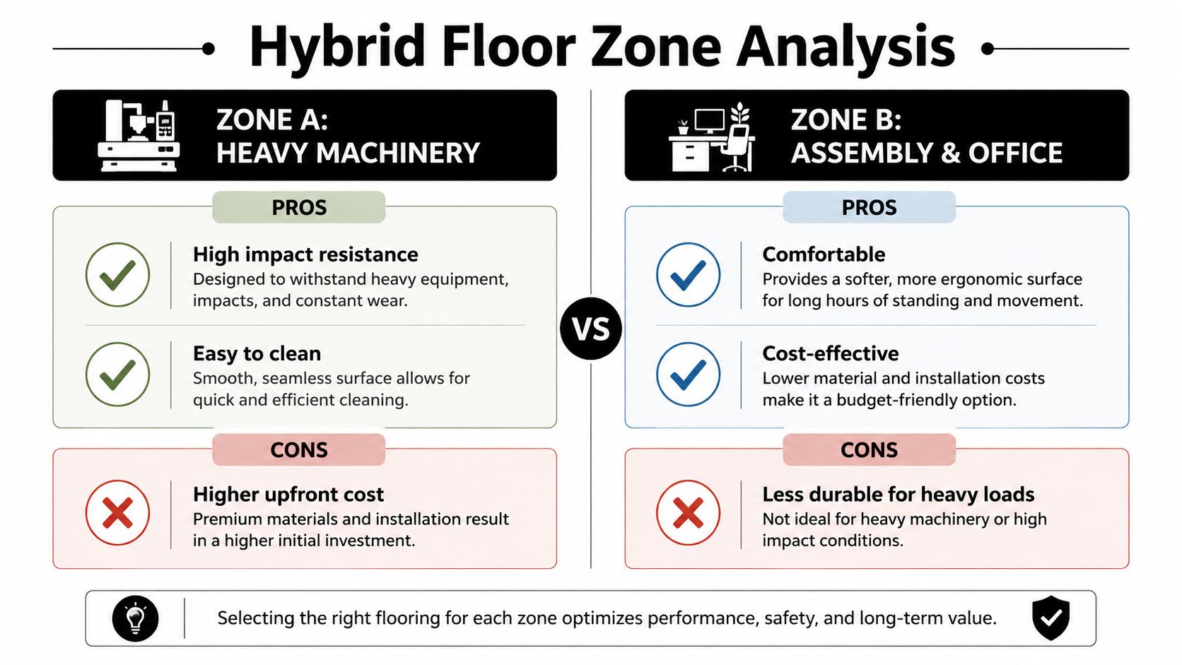 Flooring for Workshop Slabs and Shed Pads That Last 4 A comparison chart showing pros and cons of heavy machinery flooring versus assembly and office flooring.