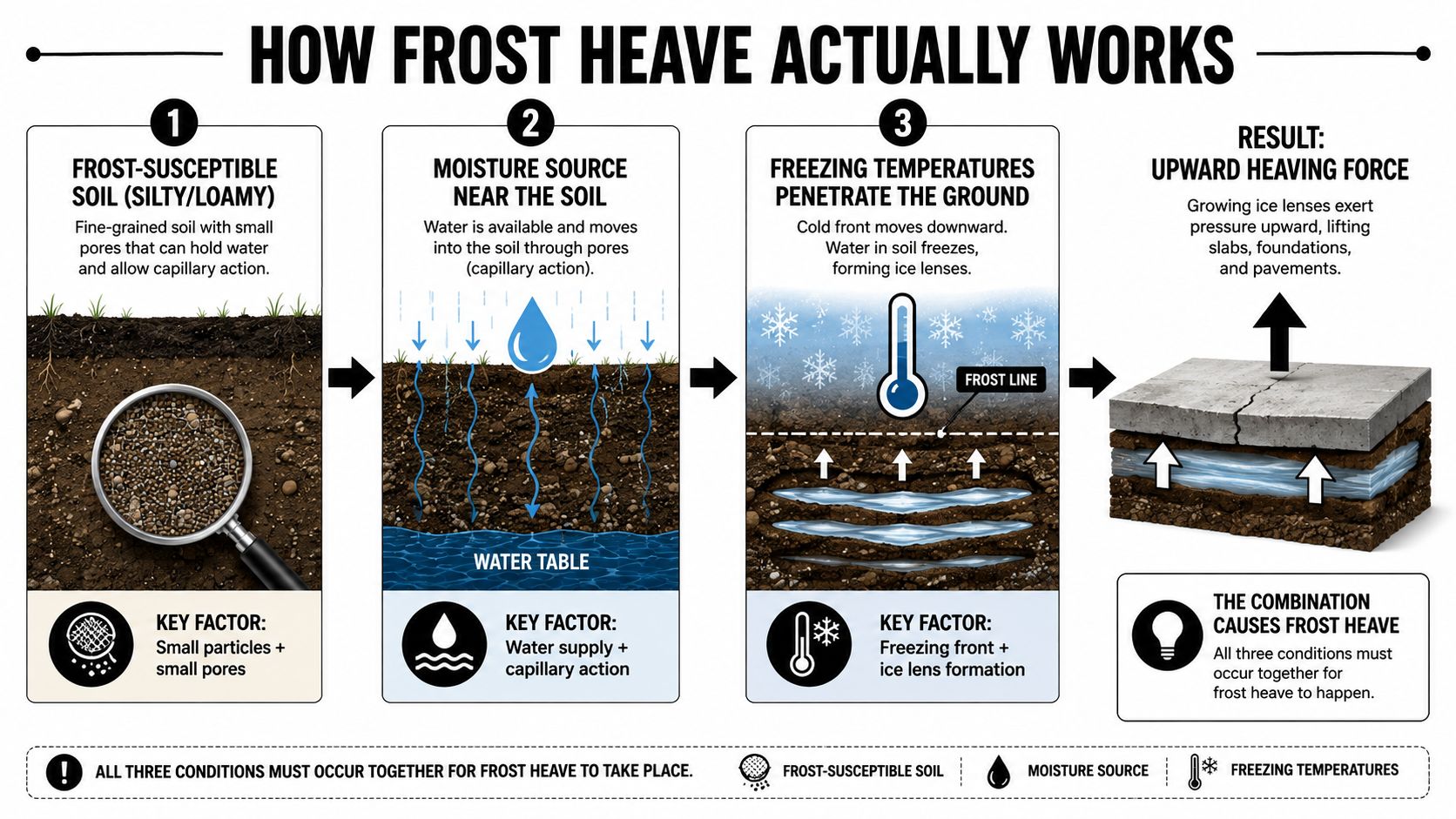 Foundation Frost Protection in PA, MD, DE, and NJ 2 A diagram explaining the three key conditions that cause ground frost heave in silty or loamy soil.