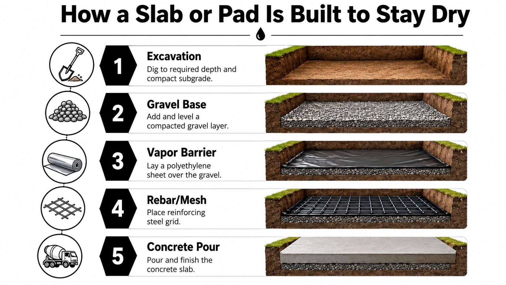 Foundation Moisture Barrier Guide for PA, MD, DE, and NJ 3 An infographic showing the five-step construction process of building a concrete slab with a moisture barrier.