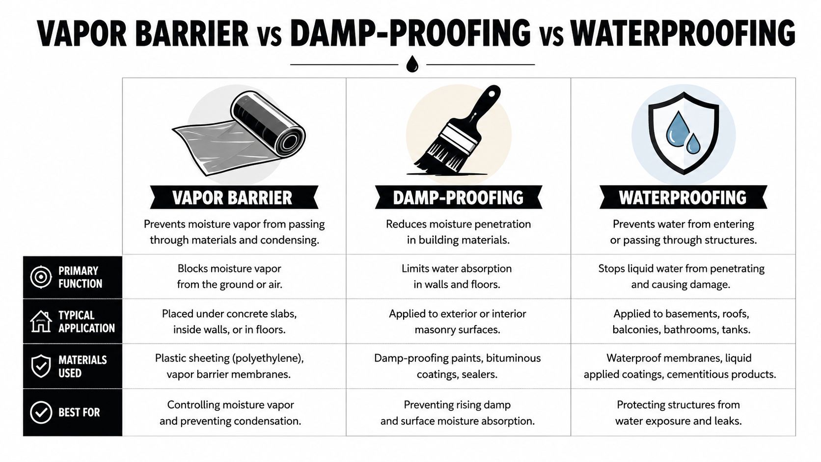 Foundation Moisture Barrier Guide for PA, MD, DE, and NJ 2 A comparison chart explaining the differences between vapor barriers, damp-proofing, and waterproofing for construction projects.