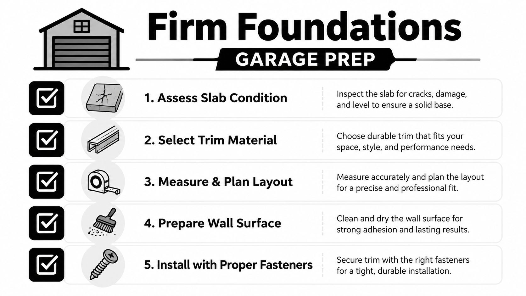 Garage Base Trim: Installation Guide for 2026 5 A helpful infographic showing five essential preparation steps for installing garage base trim on a concrete floor.