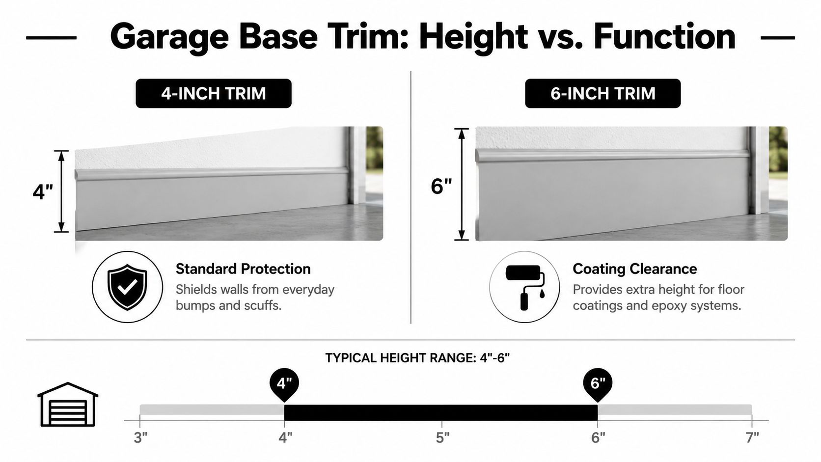 Garage Base Trim: Installation Guide for 2026 2 An infographic showing the height differences and functional benefits of 4-inch versus 6-inch garage base trim.