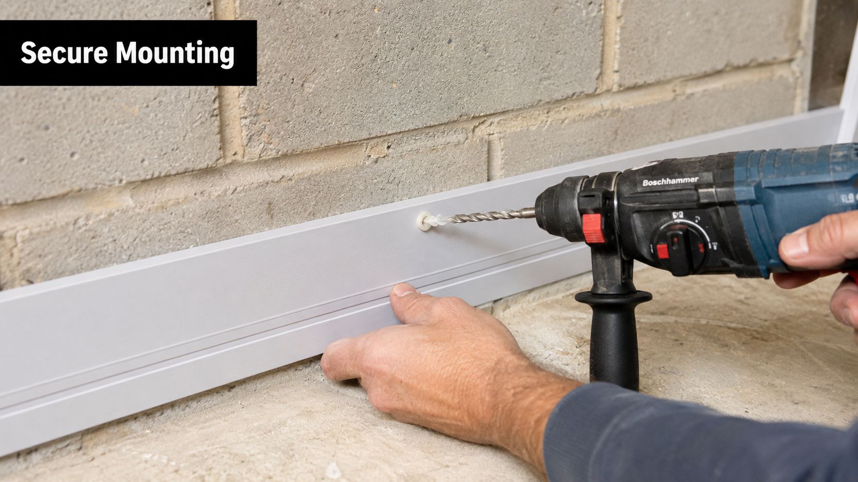 Garage Base Trim: Installation Guide for 2026 3 A construction worker uses a power drill to securely mount gray garage base trim to a cinderblock wall.