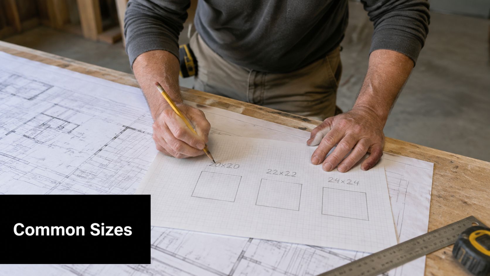 Garage Double Dimensions Every Homeowner Should Know 3 A craftsman working on blueprints, drawing squares with common garage double dimensions on grid paper.