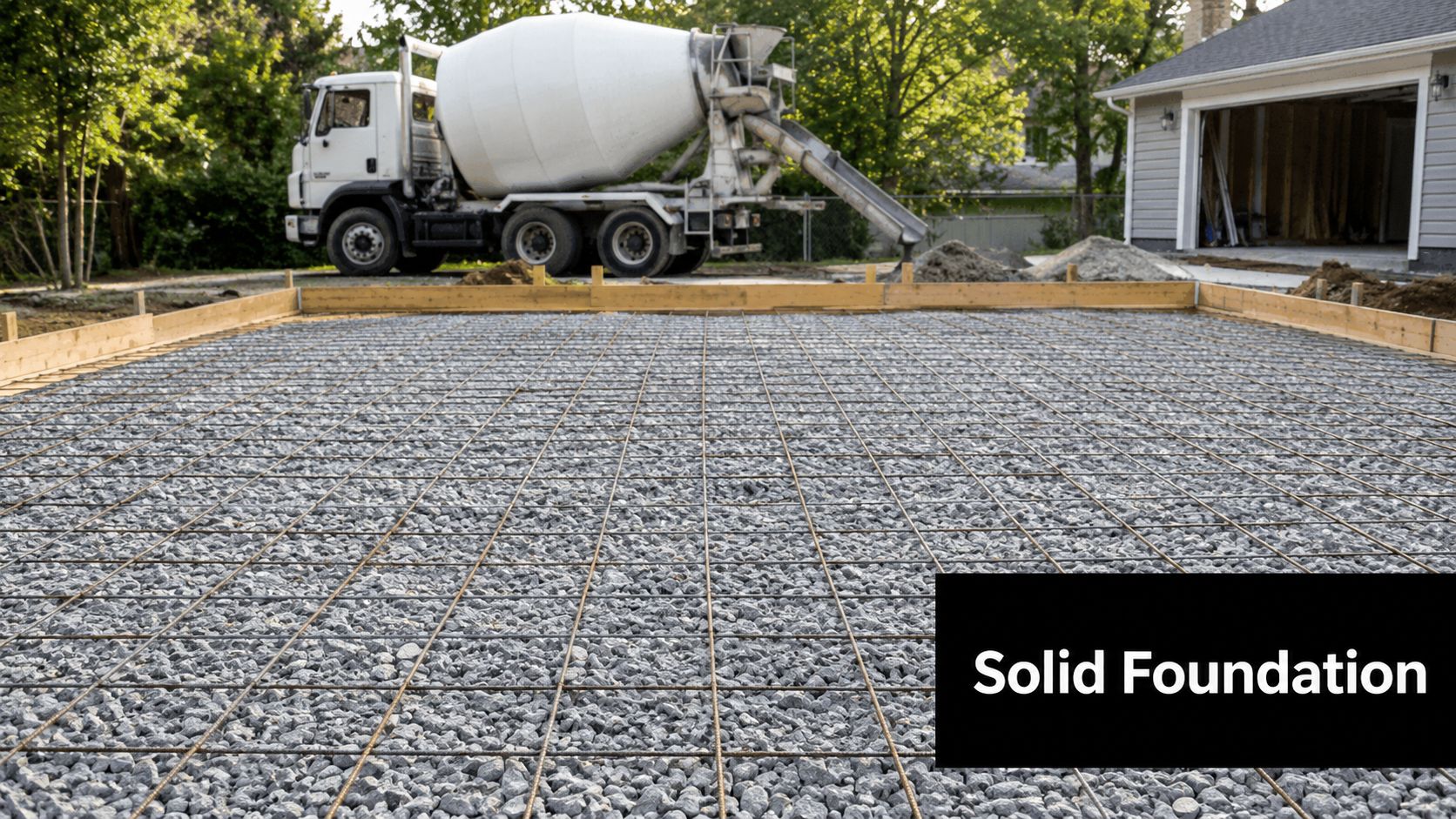Garage Double Dimensions Every Homeowner Should Know 5 A concrete mixing truck prepares to pour concrete over a gravel base prepared for a garage foundation.