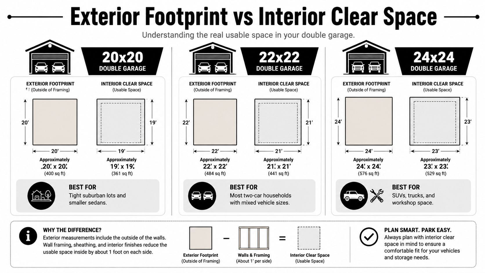 Garage Double Dimensions Every Homeowner Should Know 4 A comparison chart showing how exterior and interior dimensions differ for 20x20, 22x22, and 24x24 double garages.