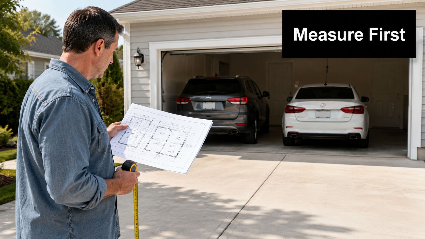 Garage Double Dimensions Every Homeowner Should Know 2 A man holding construction blueprints and a tape measure while standing in front of a garage.