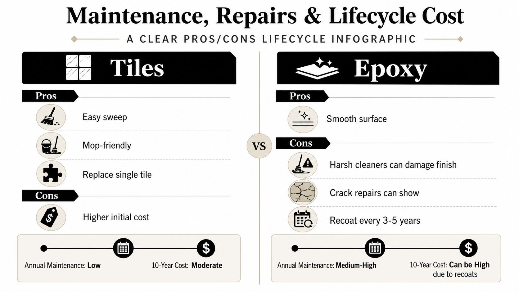 Garage Floor Tiles vs Epoxy: The 2026 Homeowner Guide 4 A comparison chart showing pros and cons of tiles versus epoxy flooring for maintenance and cost.