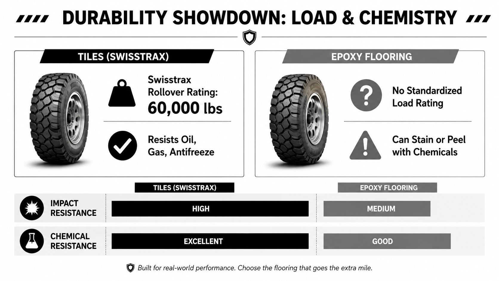 Garage Floor Tiles vs Epoxy: The 2026 Homeowner Guide 3 A comparison chart showing that Swisstrax tiles offer superior load and chemical resistance compared to epoxy flooring.