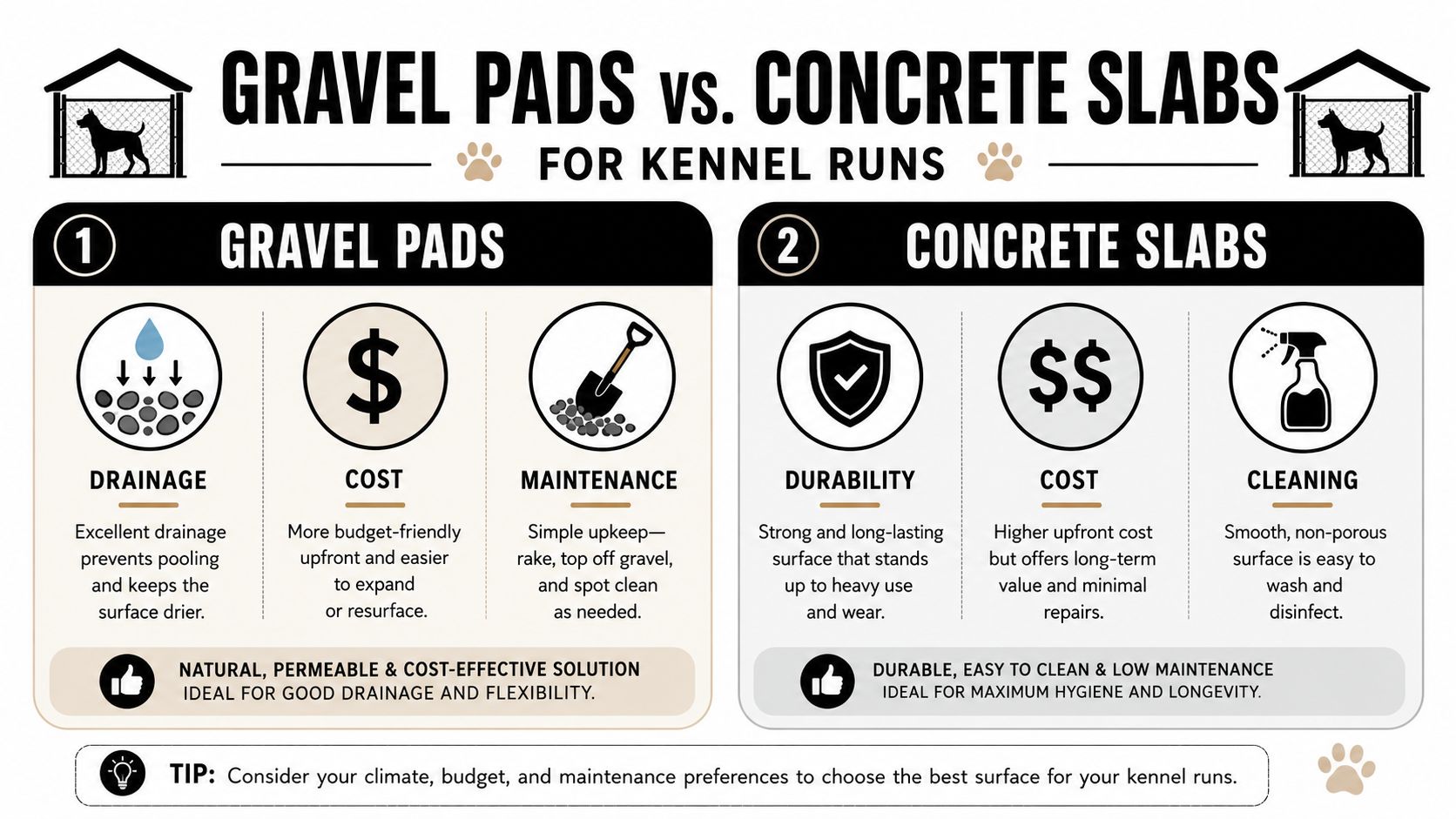 Kennels with Runs: Foundation and Site Prep Guide 2 A comparison infographic between gravel pads and concrete slabs for pet kennel runs featuring pros and cons.