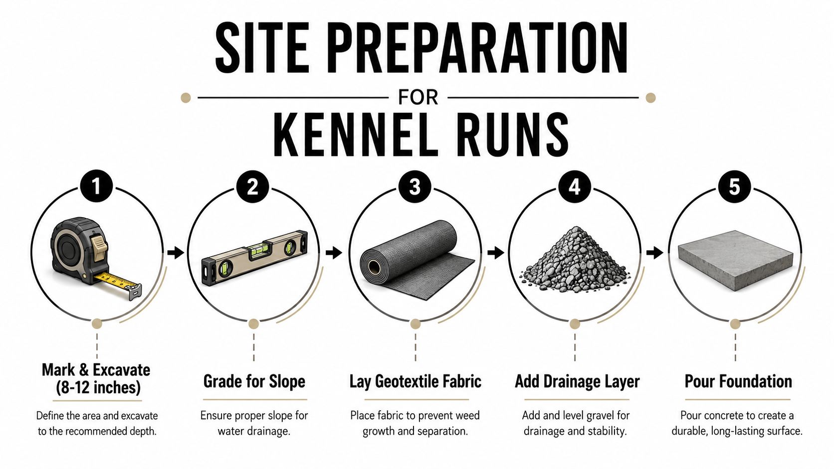 Kennels with Runs: Foundation and Site Prep Guide 3 A five-step guide on how to prepare the site for installing kennel runs with concrete foundations.